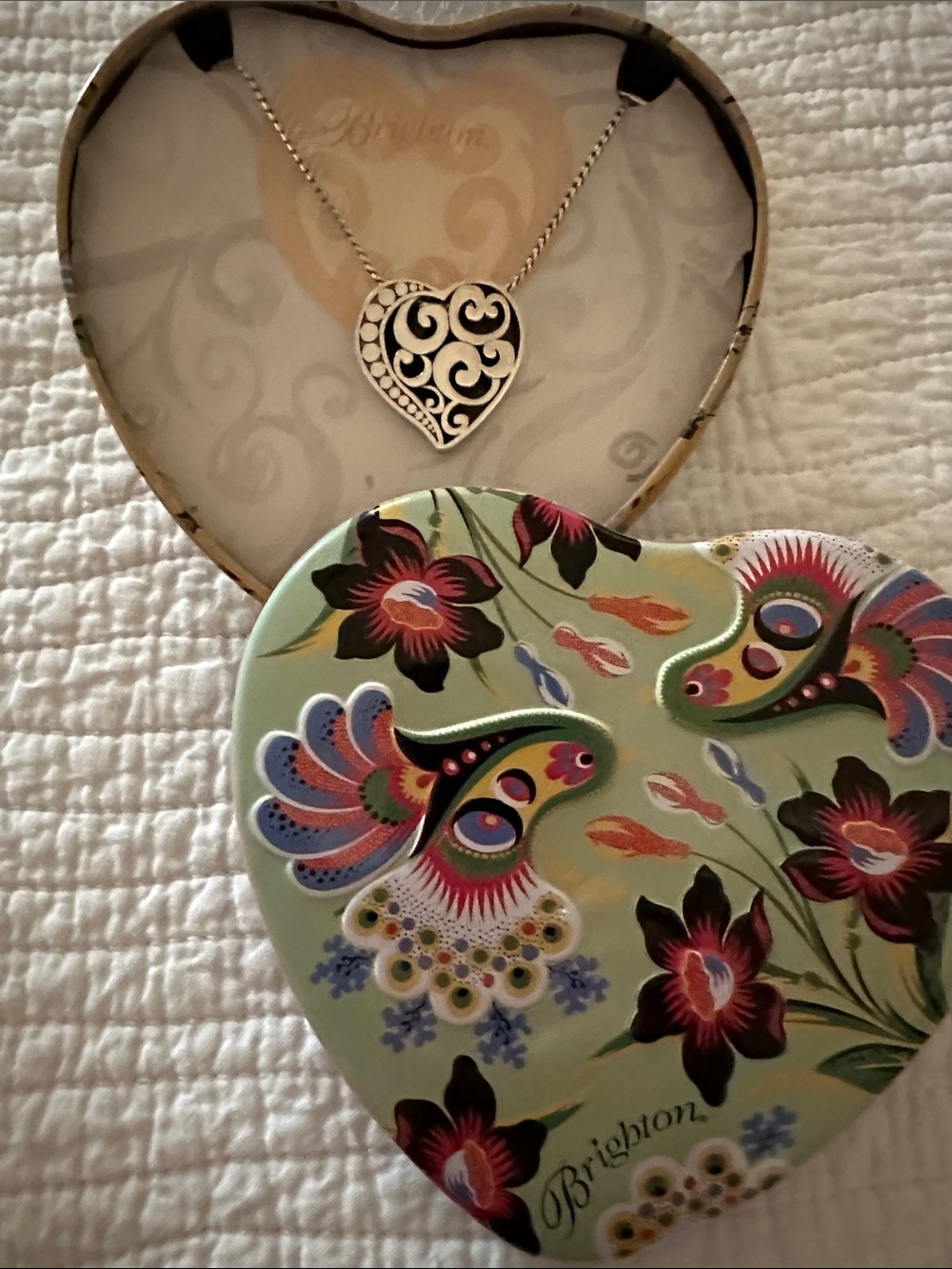 Brighton Silver Filigree Heart Pendant Necklace with Green Floral Box